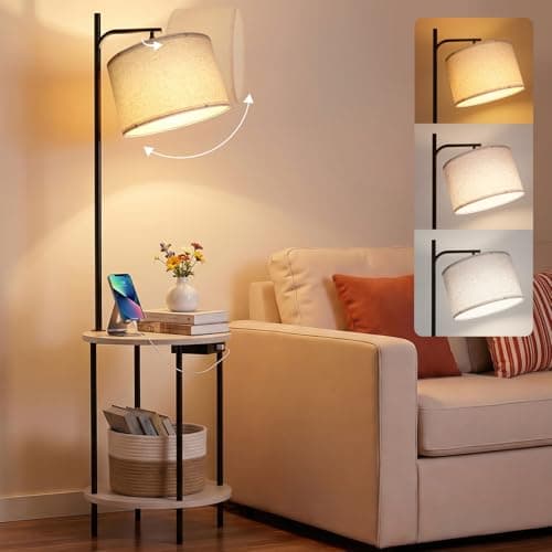 ONEWISH Modern Floor Lamp with Table, Charging Station (USB/Type-C/AC Port), 3 Temperatures, 9W Blub, Round End Table for Bedroom & Living Room (White) view 1