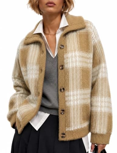 CiCiBird Womens Plaid Sweater Jacket Chunky Knit Cardigan | Funnel Neck, Front Pockets, Button Front Closure, Fuzzy Texture, Plaid Pattern, Fall Winter Layering, Casual Outfits — image 1