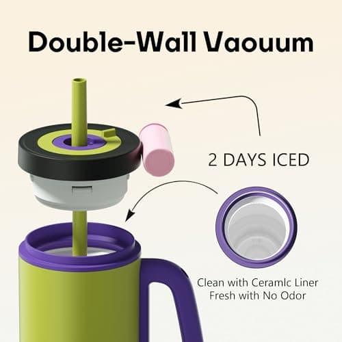 Sidagar Tumbler with Handle,36 oz Ceramic Lined Travel Mug Water Bottle with Straw,Vacuum Insulated Stainless Steel Cup with Lid,Fits Cup Holder, Leak Resistant Press-in Lid,Green view 5