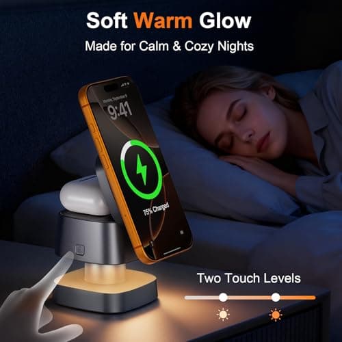 AIYUNDI 4 in 1 Wireless Charging Station for Apple Devices with Night Light, Mag-Safe Charger Stand, 15W Fast Charging for iPhone 17/16/15/14/13/12 Series, iWatch & AirPods(with USB-C Cable) view 3
