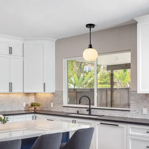 Karjearl Milk Glass Pendant Lights Kitchen Island, 1-Light 7.1" Black Modern Pendant Light Fixtures with Rods, Globe Hanging Lighting for Kitchen Sink Bathroom Dining Room, E26 Base view 7