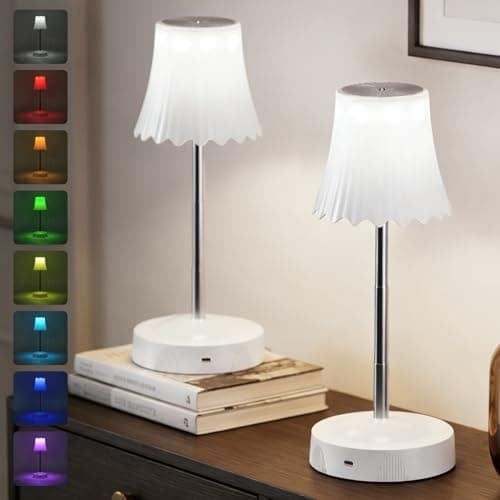 DEXULESA 2 Pack Rechargeable Table Lamp, LED Cordless Table Lamp with 3 Color Temperatures & Stepless Dimming, 7 RGB Colors Battery Operated Portable Table Light for Living Room, Bedroom (White)