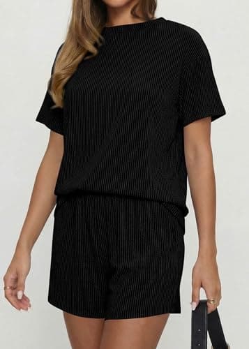 KIRUNDO Two Piece Sets for Women Dressy Casual Ribbed Knit Short Sleeve Top Matching Shorts Lounge Set 2026 Summer Outfits view 6