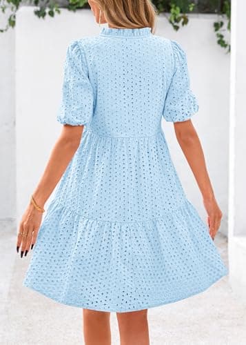 KIRUNDO Eyelet Summer Dresses for Women 2026 Mini Casual Hollow Out Short Sleeve Lace Tiered V Neck Shift Dress Pockets view 2