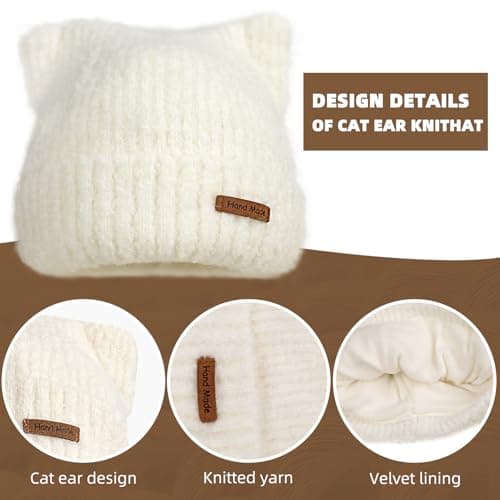 Cat Ear Beanie Cute White Cat Crochet Beanie Winter Warm Hat Knitted Cap for Women Girls view 4