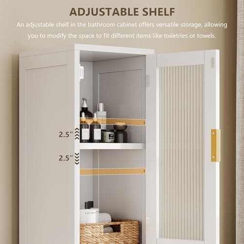 iPormis 67" Tall Bathroom Storage Cabinet with Reeded Glass Door, 1 Drawer, Removable Laundry Basket & Adjustable Shelf, Freestanding Narrow Cabinet for Bathroom, Living Room, Small Spaces, White view 4