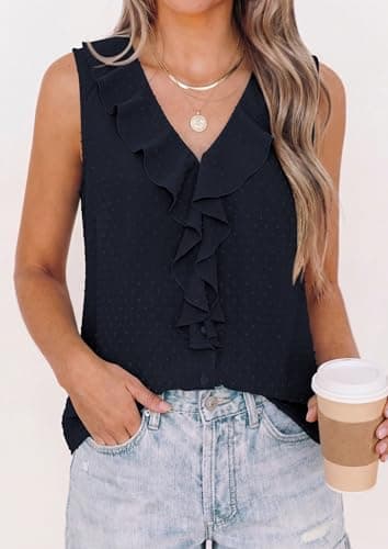 PRETTYGARDEN Tank Tops for Women 2026 Summer Fashion Sleeveless Ruffle Button Swiss Dot Dressy Casual Blouses Work Shirts view 6