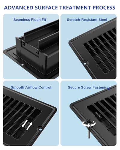 4x10 Floor Regsiter Vent Covers for Home Floor Wall Ceiling - Black with Screws for Easy Installation - Heavy Duty Steel Walkable Finish for Quiet Adjustable Air Vent Cover 4‘’ x 10‘’- 5 Pack view 5