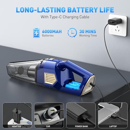 DBHAL Handheld Vacuum Cordless, 15000PA Powerful Suction Car Vacuum Cleaner Lightweight with Multi Accessories, Hand held Vacuum Cleaner Dust Busters Cordless Rechargeable for Car Home view 6
