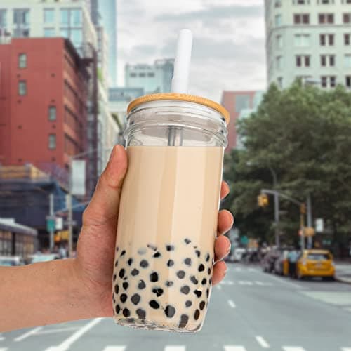 Luxgola Glass Tumbler with Lids and Straws 2 Pack, 24oz Glass Drinking Jars with Lids and Straws,Reusable Wide Mouth Mason Jar Iced Coffee Cup,Smoothie Cup Coffee Travel Mug for Car/Home view 2