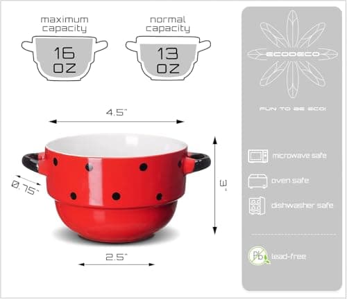 ECODECO 16 oz Ceramic Soup Bowls with Double Handles - Stackable Oven Safe - Red Polka Dot - Set of 4 view 3