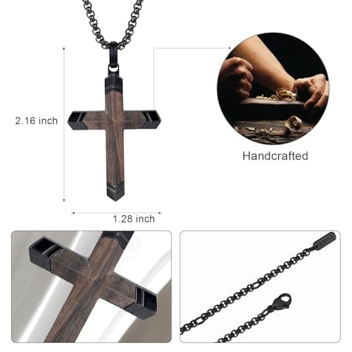 GTMJ Cross Necklace for Men -Stainless Steel & Wood Adjustable Box Chain 24-26in, Spiritual Jewelry Gift for Him, Everyday Wear view 4