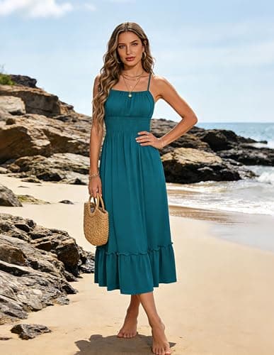 GRACE KARIN Women's Summer Maxi Dress 2026,Smocked Ruched Bust Sundress with Adjustable Straps & Pockets-Beach Vacation Dress view 3