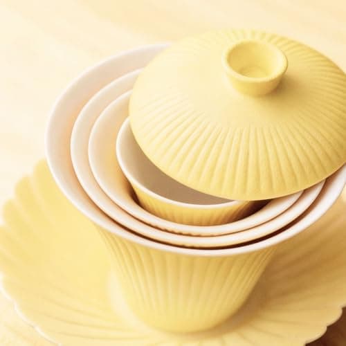 SonGis Porcelain Gongfu Tea Set, Firework Design, All in One Chinese Tea Set, Frosted Texture, Smooth Glazed Interior, Gaiwan Tea Sets for Adults, Gift Boxed, for Home & Outdoor (Gentle Yellow) view 2