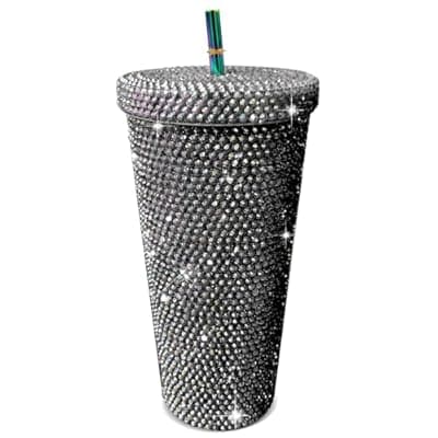 26oz Bling Rhinestone Studded Tumbler with Lid and Straws, Bling Cups Stainless Steel Water Bottle Diamond Glitter Tumbler for Women - Birthday Gifts for Women, Mom,Get Well Soon Gifts (Black)