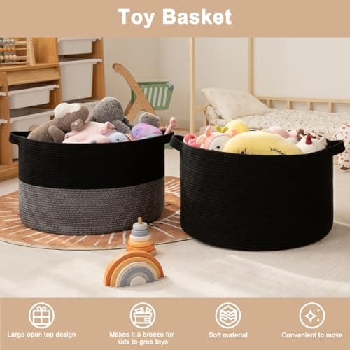 OIAHOMY 90L XXXLarge Blanket Basket for Living Room, 21.7" x 13.8" Woven Cotton Rope Laundry Basket for Organizing Pillows, Decorative Stuffed Animal Toy Storage Bin for Nursery, Black and Grey view 4