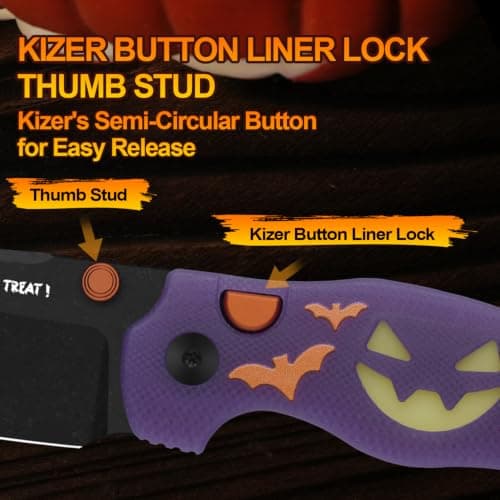Kizer C01C 275 2.75" AEB-L Glow-in-the-Dark G10 Halloween Pocket Knife | Purple & Yellow, Thumb Stud, GID Inlays, Button Liner Lock, Black PVD Coating & Stonewashed, GID Skull Bead, V3488.27HW1 view 5