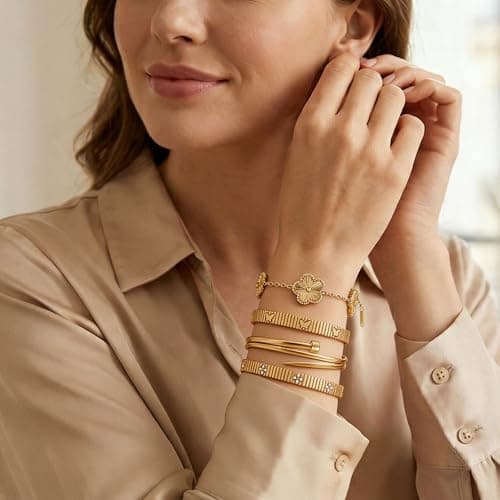 Womens Stackable Floral Gold Bracelets - 4Pcs 18K Gold Plated Bracelet,Stainless Steel Bangle Bracelets Non Tarnish,Gold Bracelet Set Fashion Jewelry,Valentines Birthday Christmas Jewelry Gifts view 3