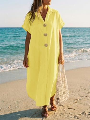 Wenrine Womens Summer Shirt Dress Casual Short Sleeve Button Maxi Dresses Beach Cover Up with Pockets view 3