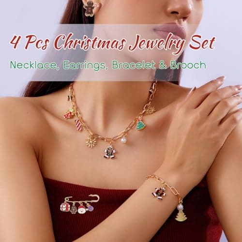 4pcs Christmas Jewelry Set Gifts for Women, Atarvana Xmas Necklace, Earrings, Bracelet, Brooch for Women Stocking Stuffers Christmas Gift view 2