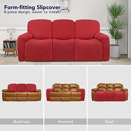 PureFit Super Stretch 3 Seats Recliner Sofa Couch Cover with Pocket – Non Slip Soft Sofa Slipcover, Washable Spandex Reclining Furniture Protector for Kids, Pets (Recliner Sofa, Red) view 5