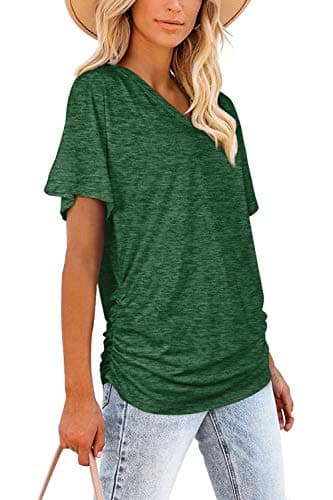 WIHOLL Womens Summer T-Shirts Short Sleeve V Neck Dolman Tops with Side Shirring Loose Fit Shirts Spring Fashion view 3