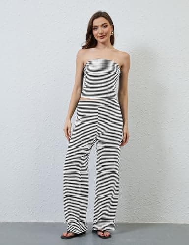 MSBESYOR Women Sailor Tube Top Set 2 Piece Outfits Striped Strapless Bandeau Low Waist Wide-Leg Pants Lounge Sets view 5