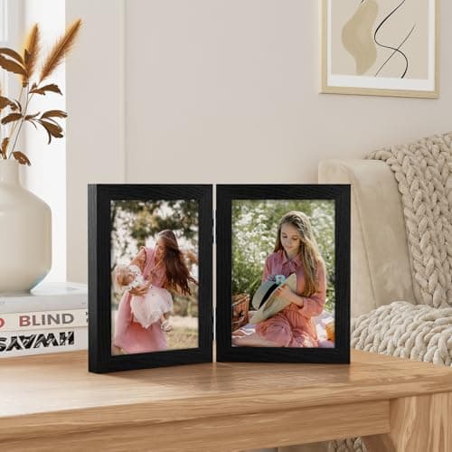 Vittanly 5x7 Double Picture Frame, Hinged 2 Opening MDF Photo Frames with Plexiglass, Vertical Tabletop Stand, Black view 5