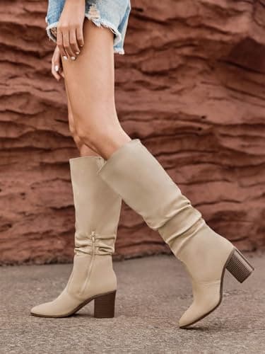 Huiyuzhi Womens Pointed Toe Mid Chunky Heel Side Zipper Knee High Boots Tall Booties view 3