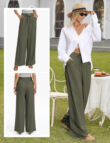 GRACE KARIN Linen Pants Women,Elastic High Waist Wide Leg Pants with Pockets,Comfy Beach Vacation Trousers view 2