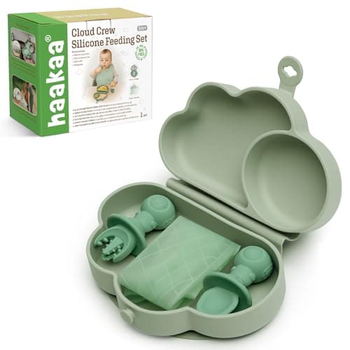 haakaa Cloud Crew Silicone Travel Baby Feeding Set with Foldable Suction Baby Plate, Silicone Bib, Baby Spoon and Fork, Waterproof Travel Bag, 6M+
