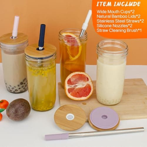 Luxgola Glass Tumbler with Lids and Straws 2 Pack, 24oz Glass Drinking Jars with Lids and Straws,Reusable Wide Mouth Mason Jar Iced Coffee Cup,Smoothie Cup Coffee Travel Mug for Car/Home view 5