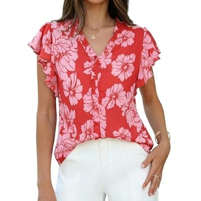 GRACE KARIN 2026 Boho Tops for Women Dressy Casual,Ruffle Sleeve Chiffon Blouses Work Shirts,V Neck Summer Fashion Clothes