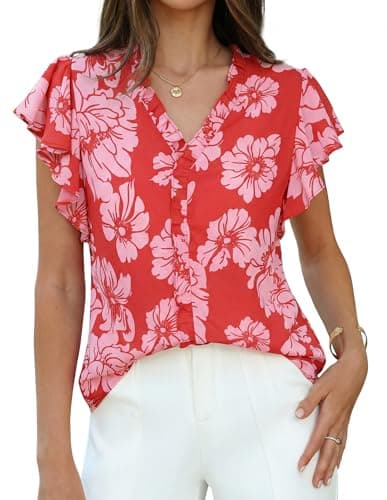 GRACE KARIN 2026 Boho Tops for Women Dressy Casual,Ruffle Sleeve Chiffon Blouses Work Shirts,V Neck Summer Fashion Clothes — image 1