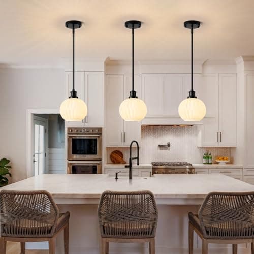 Karjearl Milk Glass Pendant Lights Kitchen Island, 1-Light 7.1" Black Modern Pendant Light Fixtures with Rods, Globe Hanging Lighting for Kitchen Sink Bathroom Dining Room, E26 Base view 6