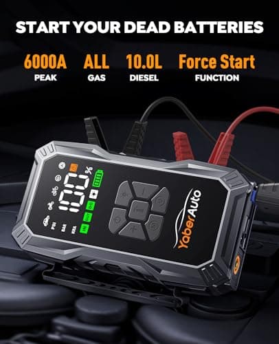 YaberAuto 10-in-1 Jump Starter with Air Compressor 6000A 150PSI Car Battery Jump Starter (All Gas/10L Diesel) 12V Jump Box Car Battery Jumper Starter Portable Jumper Cables, 150W DC, Gloves, Lights view 2