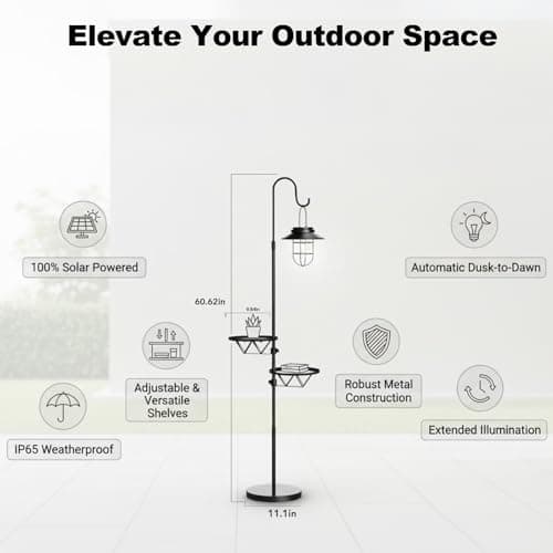 Kirschblüte Solar Floor Lamp with Table, 60" Outdoor Shepherd Hook with Solar Lantern, Waterproof Metal Side Table for Patio, Heavy Duty Solar Pole Light for Garden, Deck, Porch and Backyard Decor view 2
