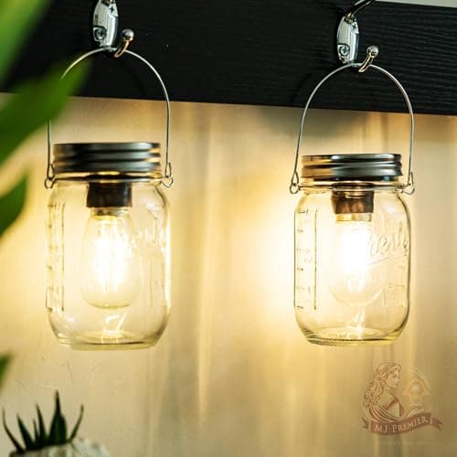 MJ Outdoor Mason Jar Lights Hanging Battery Operated Lamp Timer Cordless Lamps 2-Pack LED Decorative Garden Lanterns Glass Light for Patio Camping Courtyard Backyard Tree Hallway Stairs( Transparent) view 1