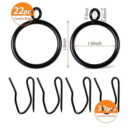 Curtain Rings with Eyelets, Metal Curtain Hooks for Drapes, Drape Ring 1.5 in Inner Diameter Fits Up to 1 1/4 inch Curtain Rod, 1.2 in Drapery Pins (22 Pcs Black Curtain Rings and 30 Pcs Black Hooks) view 2