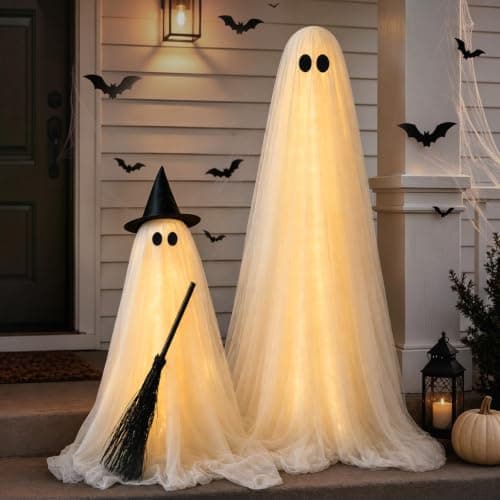 Halloween Decorations Outdoor, 2 Packs Light-Up Spooky Ghost Witch Broom — image 1