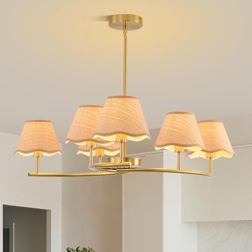 Pandaluna 31.5in Large Round Chandelier, Wagon Wheel Chandelier Boho Rustic Farmhouse Pendant Light Fixture, for Dining Room Living Room Kitchen Island Bedroom, Light Beige & Gold 1 Pack — image 1