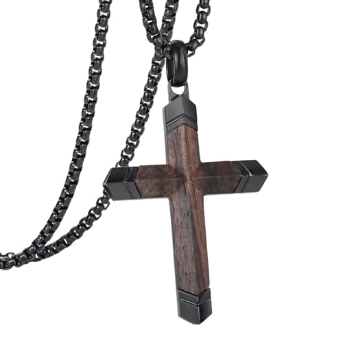 GTMJ Cross Necklace for Men -Stainless Steel & Wood Adjustable Box Chain 24-26in, Spiritual Jewelry Gift for Him, Everyday Wear — image 1