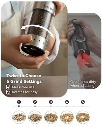 TOMEEM Rechargeable Electric Salt and Pepper Grinder Set, Battery Display | 115ml Large Capacity Stainless Steel Automatic Pepper Mill with Black Storage Base, LED Light with 5 Adjustable Coarseness view 4