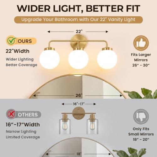 Gold Bathroom Light Fixtures, 3-Light Bathroom Gold Vanity Light | 22" Mid Century Modern Vanity Light Over Mirror with Milky White Glass Shades for Bathroom Hallway, Living Room view 2