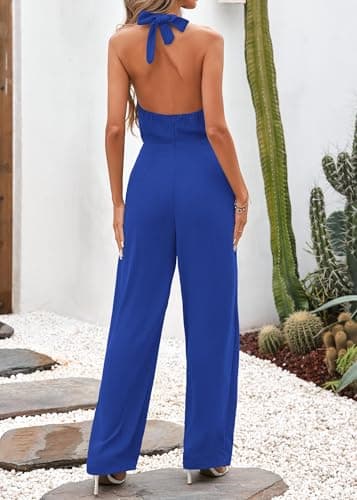 Lazysmile Summer Jumpsuits for Women Sleeveless Halter Backless Pants Romper Dressy Wide Legs One Piece Outfits view 2