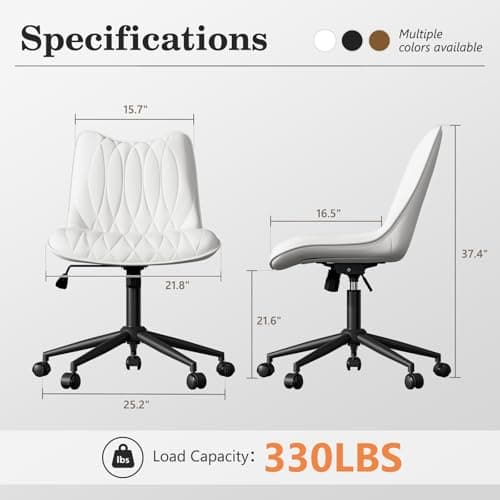 Bananister Armless Office Chair, Desk Chair No Arms, Adjustable Swivel Rolling Task Chair with Wheels, Faux Leather Upholstered, Compact for Small Space Home Office & Bedroom Vanity, White view 2