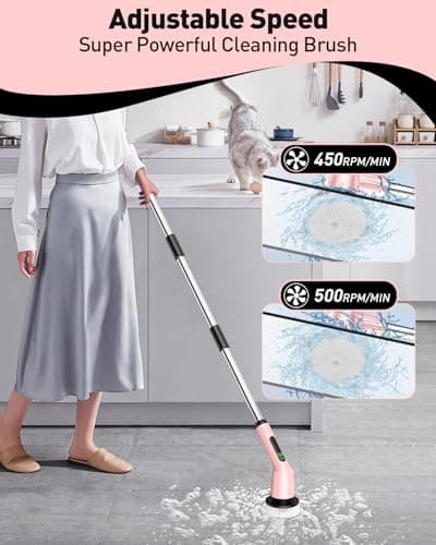 Shower Scrubber with Long Handle, Bathroom Cleaner Brush with IPX7 Waterproof, Cordless Electric Spin Scrubber for Cleaning with 2 Speed, Cleaning Supplies for Bathtub Kitchen Floor Tile Toilet view 3