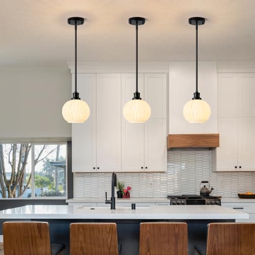 Karjearl Milk Glass Pendant Lights Kitchen Island, 1-Light 7.1" Black Modern Pendant Light Fixtures with Rods, Globe Hanging Lighting for Kitchen Sink Bathroom Dining Room, E26 Base view 5