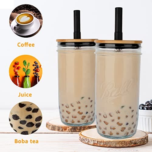Luxgola Glass Tumbler with Lids and Straws 2 Pack, 24oz Glass Drinking Jars with Lids and Straws,Reusable Wide Mouth Mason Jar Iced Coffee Cup,Smoothie Cup Coffee Travel Mug for Car/Home view 4