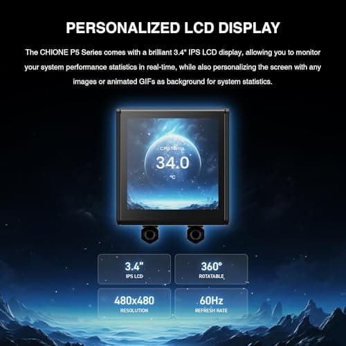 GAMDIAS CHIONE P5-240 Liquid CPU Cooler, 240mm AIO w/Customizable 3.4'' IPS LCD, Rotatable Magnetic Pump, Hidden Cable Fan (Daisy-Chained), Support PWM & ARGB MB Sync, Intel LGA 1851；AMD AM5, Black view 3